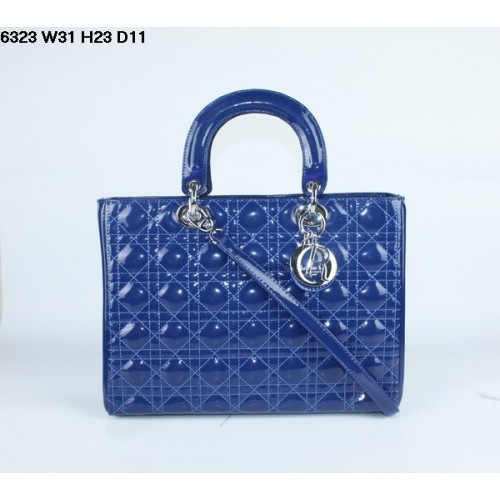 Torebka Christian Lady Dior z niebieskiej lakierowanej skóry 6323 w kolorze srebrnym