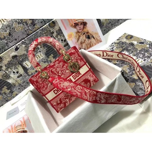 Dior MEDIUM LADY D-LITE BAG Kwiaty Haftowane Denim M0565OJA Czerwony