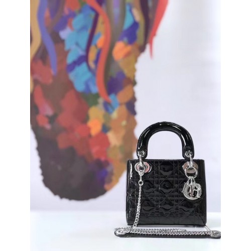 Dior MINI LADY DIOR CALFSKIN Czarna torebka M0505O Srebrna