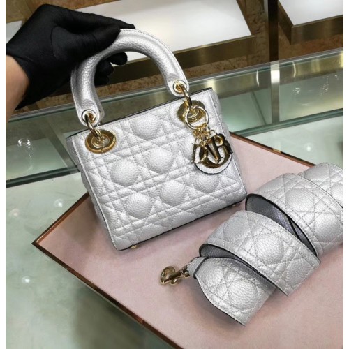 Dior MINI LADY DIOR CALFSKIN BAG M0573 Srebrno-biała