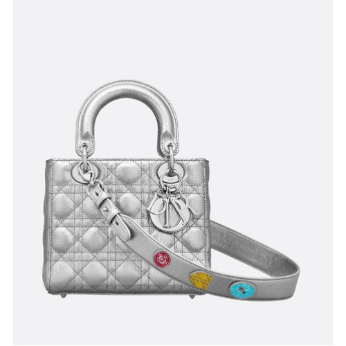 Dior lucky badges Oryginalna torba typu tote z owczej skóry A88035 srebrna