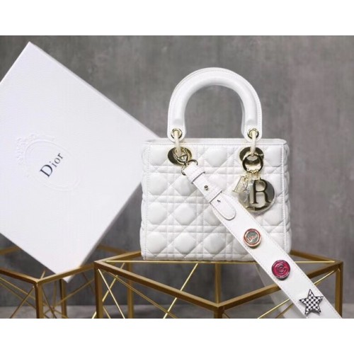 Dior lucky badges Oryginalna torba typu tote z owczej skóry A88035 biała