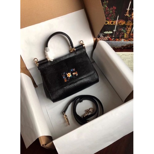Dolce Gabbana Oryginalna skórzana torebka z logo kwiatu jaszczurki BB4137 w kolorze czarnym