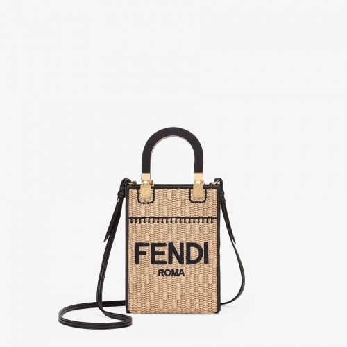FENDI MINI SUNSHINE SHOPPER Mini torebka ze słomy pleciona 8BS051 morelowa