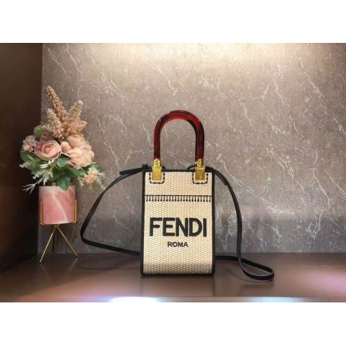 FENDI MINI SUNSHINE SHOPPER Mini torebka ze słomy pleciona 8BS051 morelowa