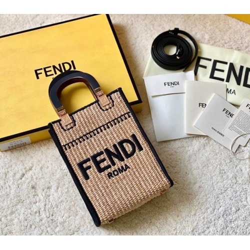 FENDI Mini Sunshine Shopper FF rafia mini-bag 8BS051A black