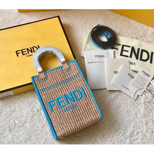 FENDI Mini Sunshine Shopper FF rafia mini-bag 8BS051A niebieski