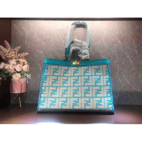 Fendi PEKABOO X-TOTE FF Raffia Bag 8BH374A Light Blue