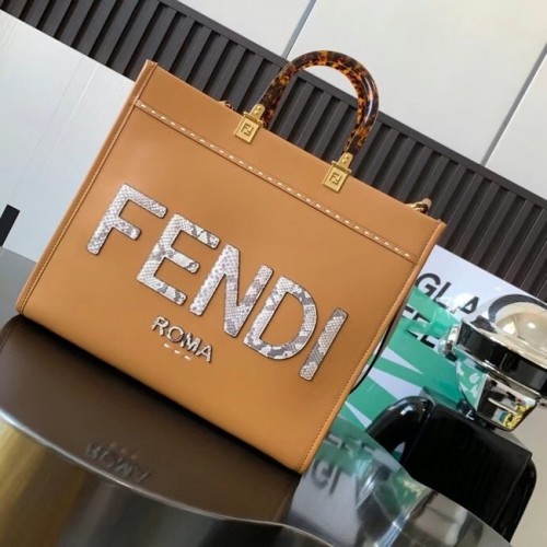 Fendi Sunshine Medium Leather and Elaphe Shopper 8BH386A Brown