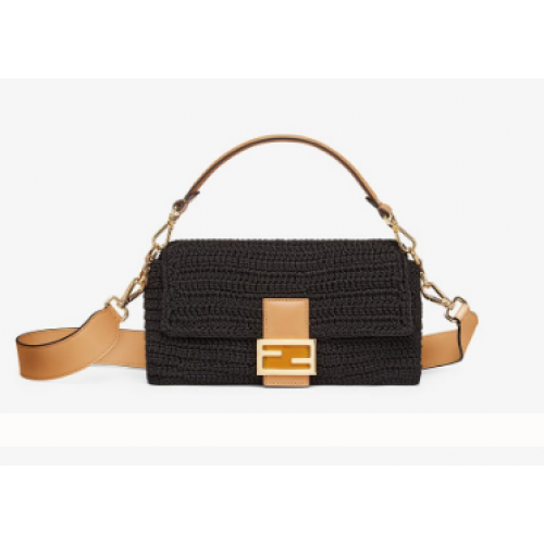 Fendi BAGUETTE Czarna bawełniana torebka szydełkowa 8BR600