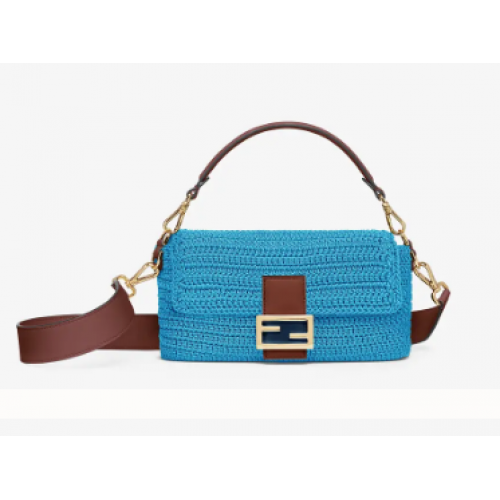 Fendi BAGUETTE Niebieska bawełniana torba szydełkowa 8BR600