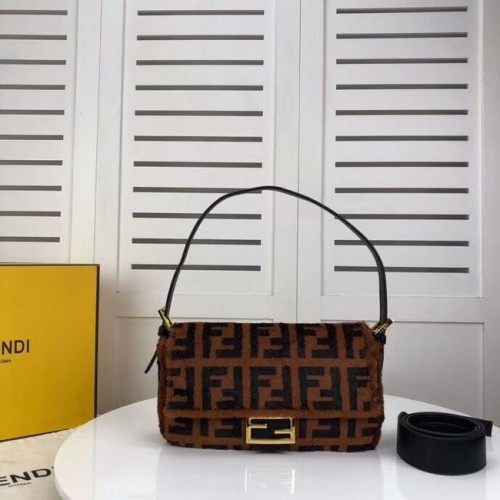 Fendi BAGUETTE Brązowa torebka z norek BR771A9 Brązowa