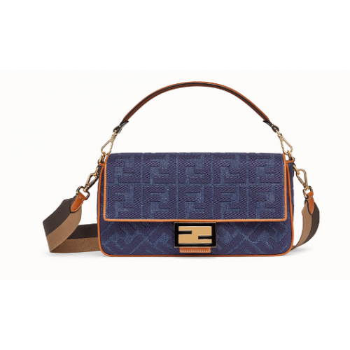 Fendi BAGUETTE LARGE Niebieska torebka jeansowa BR771A9