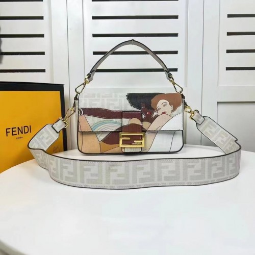Torebka z materiału glazurowanego Fendi FF z intarsją Baguette F0705 szara