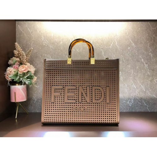 Fendi Sunshine Medium Dwukolorowa perforowana torba na zakupy ze skóry 8BH386A Coffee