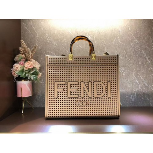 Fendi Sunshine Medium Dwukolorowa perforowana skórzana torba shopper 8BH386A morelowa