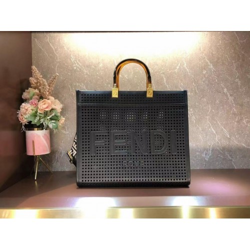Fendi Sunshine Medium Dwukolorowa perforowana skórzana torba typu shopper 8BH386A w kolorze czarnym