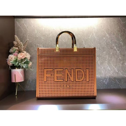 Fendi Sunshine Medium Dwukolorowa perforowana skórzana torba typu shopper 8BH386A brązowa