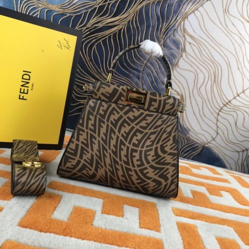 Fendi PEEKABOO MINI Brązowa skórzana torebka FF Vertigo 8BN244AGK