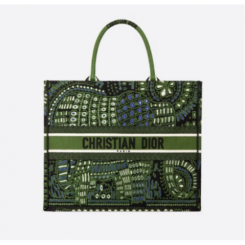ZIELONA TORBA DIOR Z KSIĄŻKAMI, HAFTOWANA TORBA Z PŁÓTNA Z WZOREM ZWIERZĄT DIOR M55E