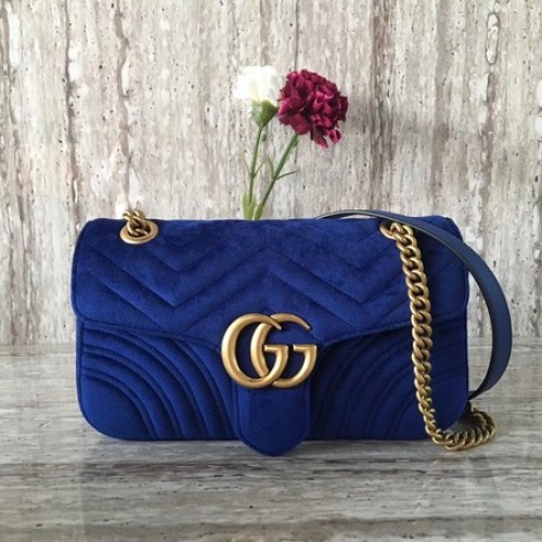 Gucci 443497 GG Marmont Chevron Velvet Torba na ramię Niebieska