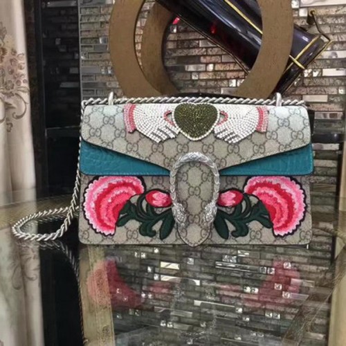Torba na ramię Gucci Dionysus z haftem 400249 w kolorze niebieskim krokodyla