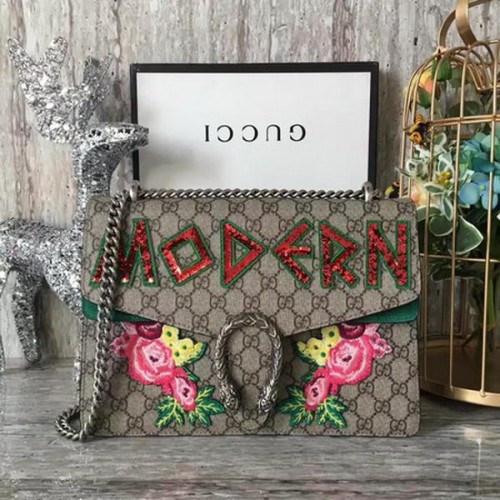 Torba na ramię Gucci Dionysus z haftem 400249, zielona, zamszowa