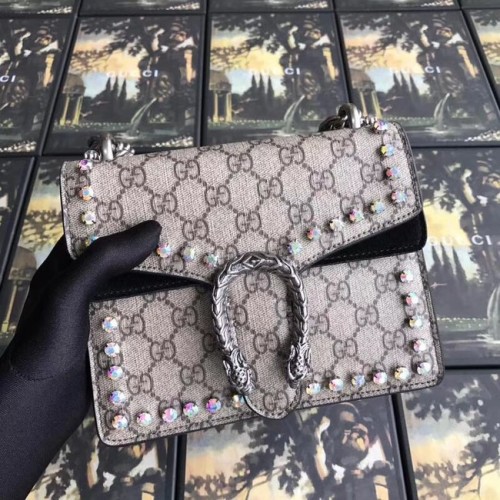Gucci Dionysus GG Supreme płócienna torebka kryształowa mini 421970 czarna