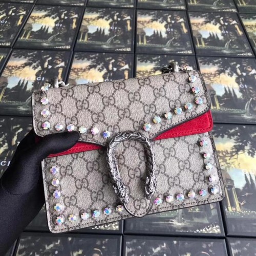 Gucci Dionysus GG Supreme płócienna torebka kryształowa mini 421970 czerwona
