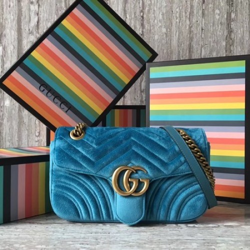 Torba na ramię Gucci GG Marmont Chevron Velvet 443497 SkyBlue