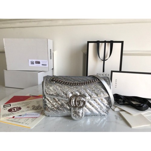 Gucci GG Marmont Sequin Mormont Mała torebka na ramię 443497 Srebrna