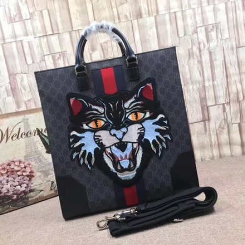 Torba Gucci GG Supreme z haftowanym wściekłym kotem 478326, czarna