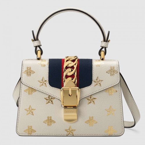 Gucci Sylvie Bee Star mini torebka skórzana 470270 biała