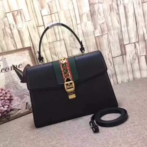 Torebka Gucci Sylvie ze skóry z uchwytem u góry 431665, czarna