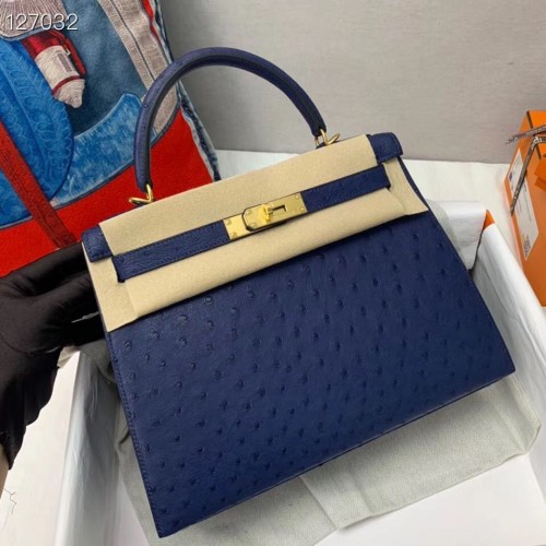 Hermes Kelly Bag Oryginalna skóra strusia H5600 Ciemnoniebieska