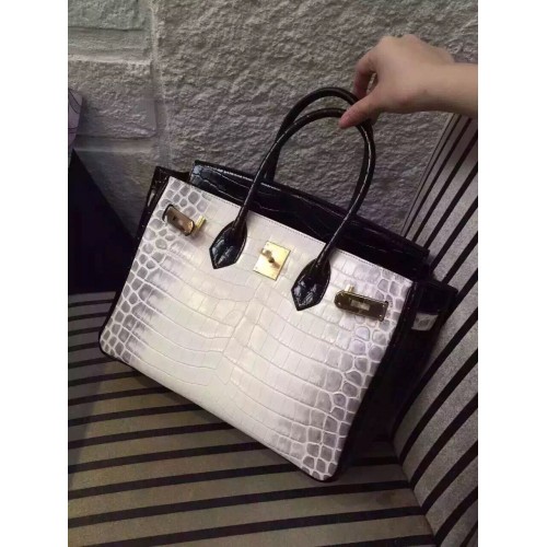 Hermes Birkin 30CM Torba na ramię Biało-czarna skóra krokodyla H30 Złota