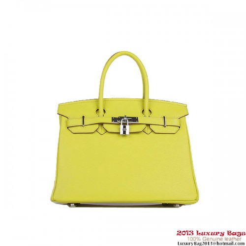Hermes Birkin 30CM Tote Bags Lemon Clemence Leather Silver