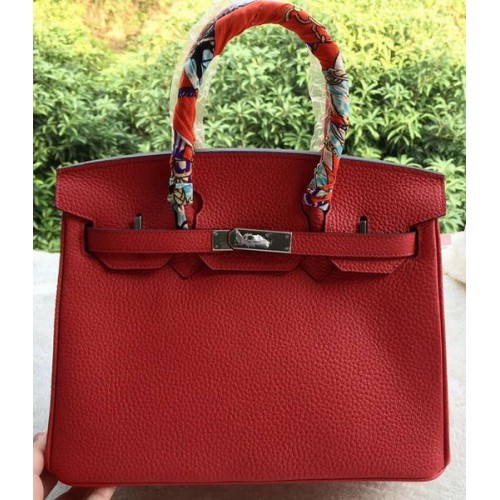 Hermes Birkin 30CM Tote Bags Czerwona skóra cielęca BK30 Srebrna