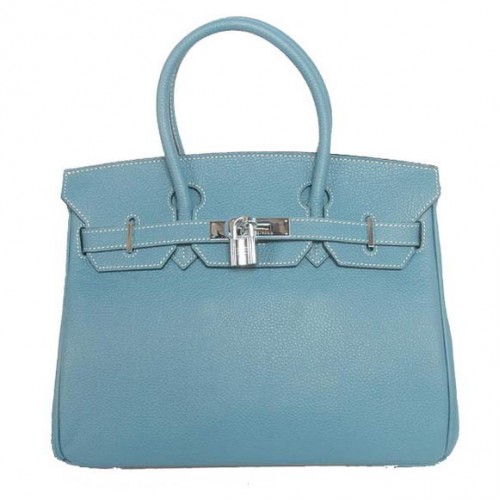 Hermes Birkin 30CM Tote Bags Gładka skóra Togo Niebieski