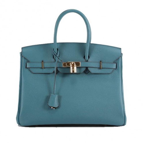 Torebka Hermes Birkin 35CM z gładkiej skóry 6089 w kolorze niebiesko-złotym