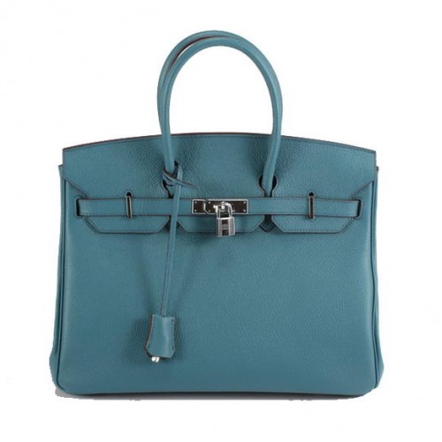 Torebka Hermes Birkin 35CM z gładkiej skóry 6089, niebiesko-srebrna
