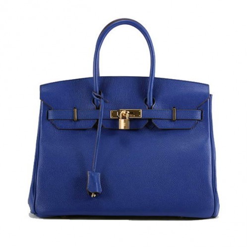 Torebka Hermes Birkin 35CM z gładkiej skóry 6089, ciemnoniebieska, złota