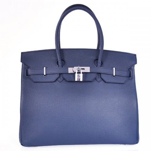 Torebka Hermes Birkin 35CM z gładkiej skóry 6089, ciemnoniebiesko-srebrna