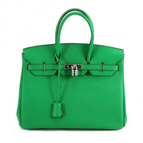 Torebka Hermes Birkin 35CM z gładkiej skóry 6089, ciemnozielona, srebrna