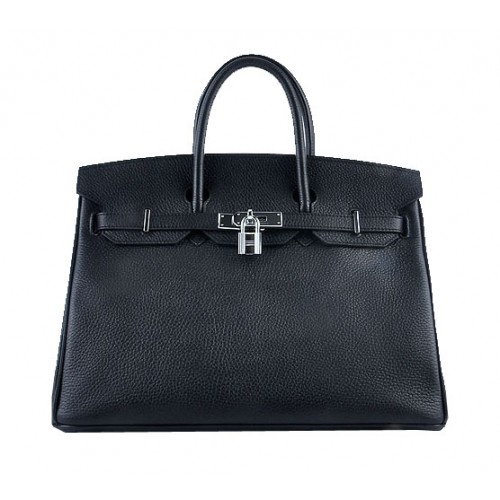 Torba typu tote Hermes Birkin 35 cm, czarna, ziarnista skóra, srebrna