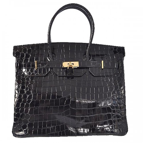 Torba typu tote Hermes Birkin 35 cm, czarna, opalizująca skóra krokodyla, złota