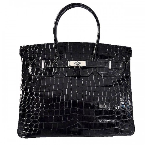 Torba typu tote Hermes Birkin 35 cm, czarna, opalizująca skóra krokodyla, srebrna