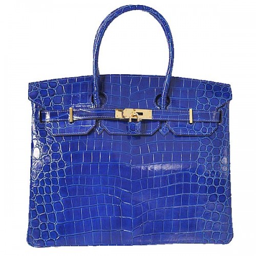Torba typu tote Hermes Birkin 35 cm, niebieska, opalizująca skóra krokodyla, złota