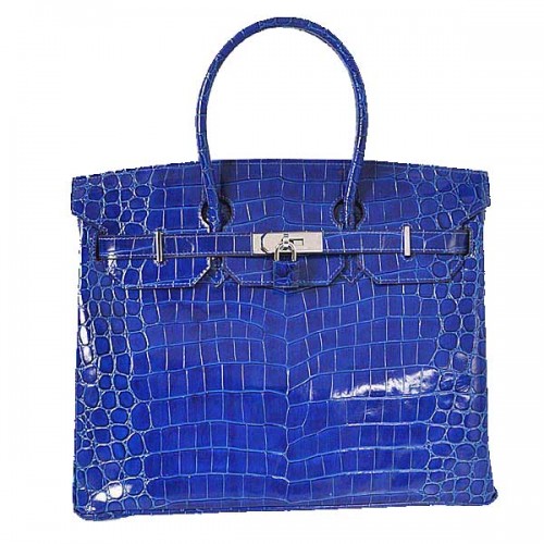 Torba typu tote Hermes Birkin 35 cm, niebieska, opalizująca skóra krokodyla, srebrna