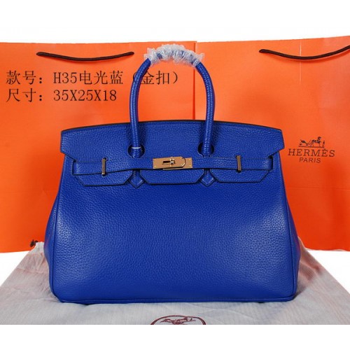 Torba typu tote Hermes Birkin 35CM, niebieska, oryginalna, ziarnista skóra, H35, złota